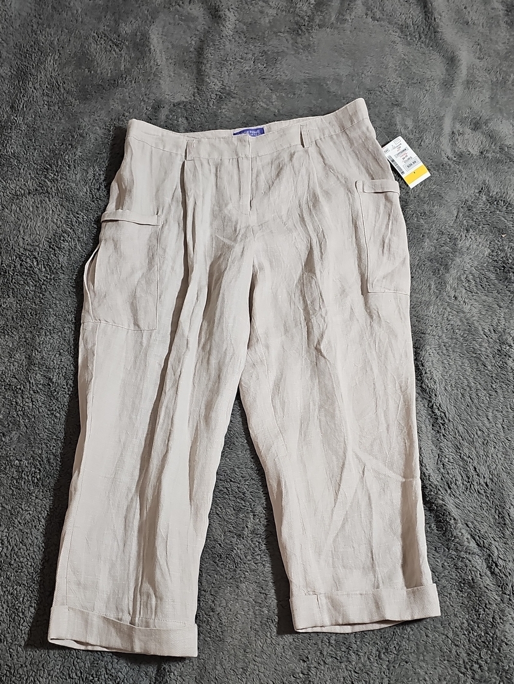 Vivienne Tam Linen Cargo Cuffed Capri Pants Cream Oatmeal Size 8 New